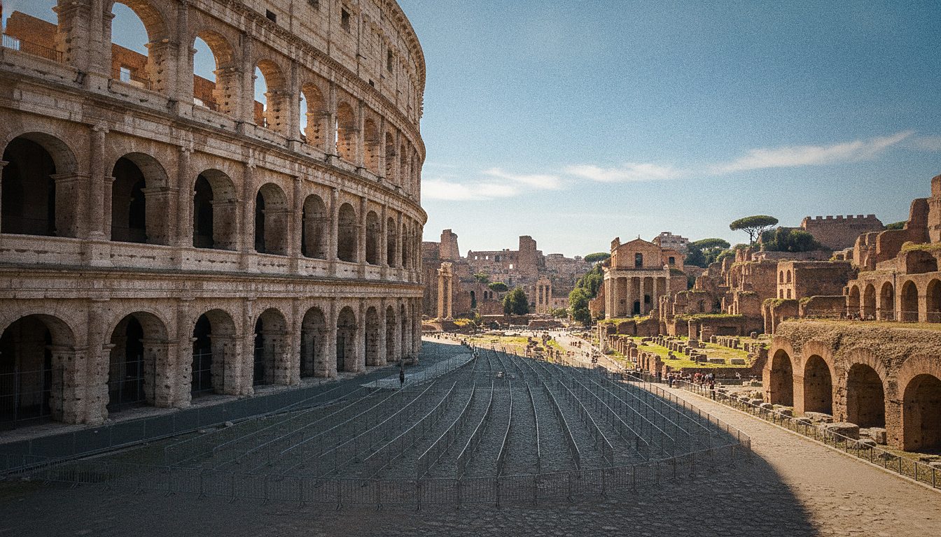 File d'attente organisée devant l'entrée du Colisée à Rome en pleine journée