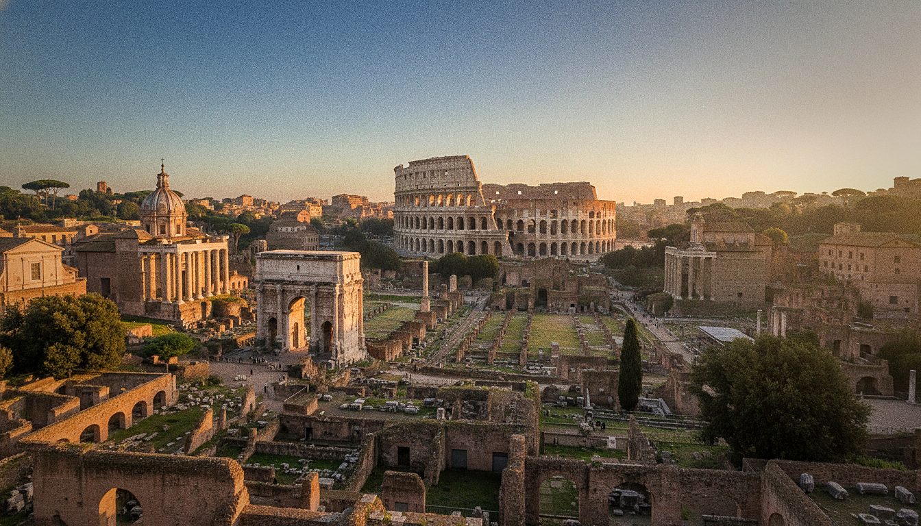 Vue du Colisée et du Forum romain depuis la colline du Palatin au lever du jour